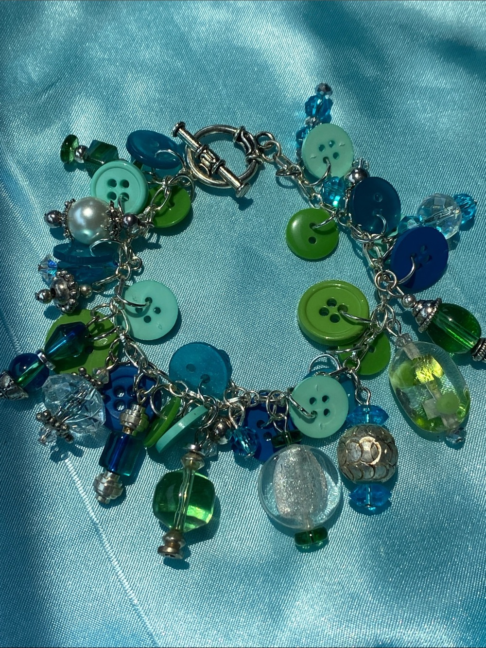Handmade Unique Blue & Green Button and Glass Beads Charm Bracelet